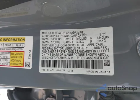 2024 Honda Civic Sport from USA, damaged, VIN 2HGFE2F56RH536231